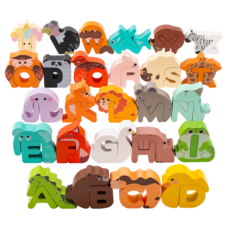 Wooden Blocks Stacking - 26Pcs Wooden Animal Alphabet Blocks, A-Z