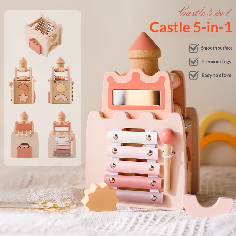 Wooden Castle 5 In 1 Activity  - Kids Toys Xylophone 评论和价格